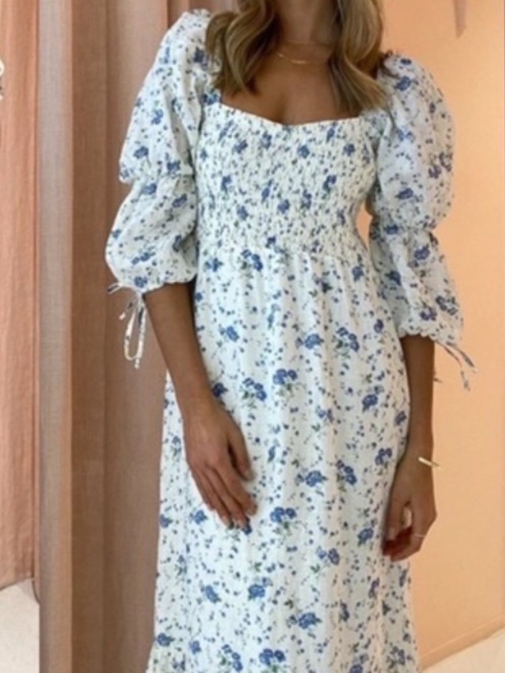 Faithfull the Brand White Midi Dress with Blue Floral Print